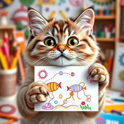 A funny cat holding a colorful drawing in its paws, with a quirky and animated expression on its face