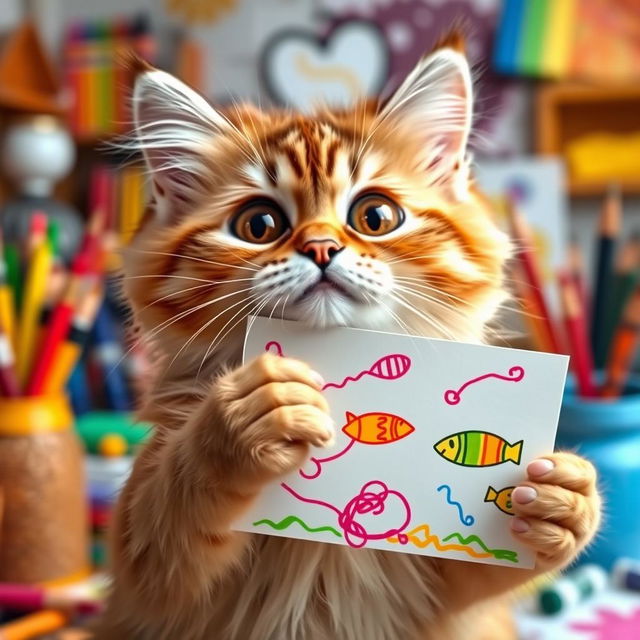 A funny cat holding a colorful drawing in its paws, with a quirky and animated expression on its face