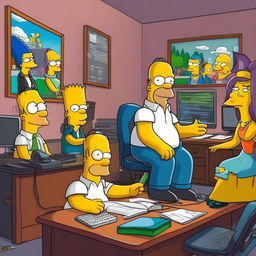 A bustling tech office scene in The Simpsons style featuring Homer coding at his desk, Lisa explaining an algorithm at a whiteboard, and Mr