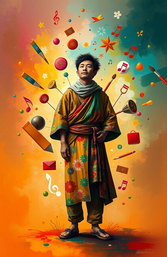 A vibrant representation of 'jati diri' (self-identity), personified as a figure standing confidently in a colorful, abstract environment that symbolizes the myriad aspects of personal identity