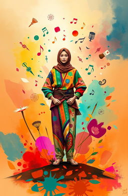 A vibrant representation of 'jati diri' (self-identity), personified as a figure standing confidently in a colorful, abstract environment that symbolizes the myriad aspects of personal identity