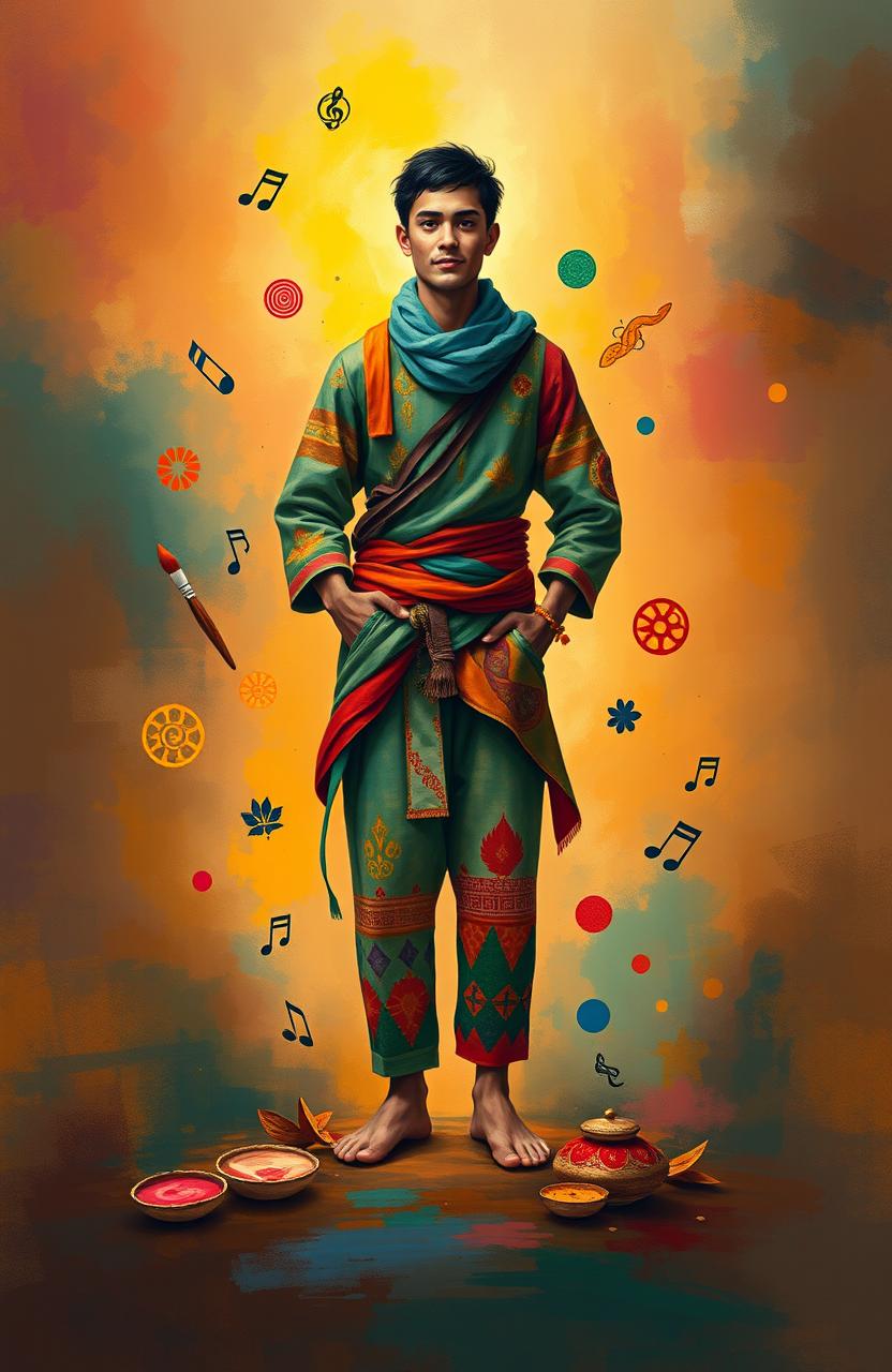 A vibrant representation of 'jati diri' (self-identity), personified as a figure standing confidently in a colorful, abstract environment that symbolizes the myriad aspects of personal identity