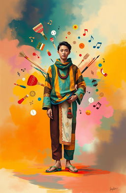 A vibrant representation of 'jati diri' (self-identity), personified as a figure standing confidently in a colorful, abstract environment that symbolizes the myriad aspects of personal identity