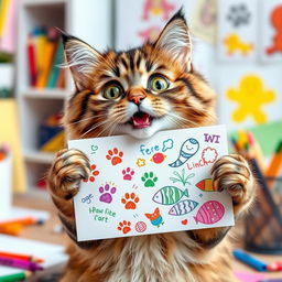 A funny cat holding a colorful drawing in its paws, displaying an excited expression with bright wide eyes and a playful grin