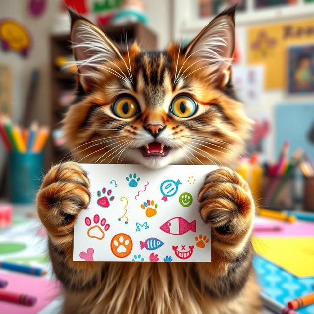 A funny cat holding a colorful drawing in its paws, displaying an excited expression with bright wide eyes and a playful grin