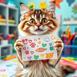 A funny cat holding a colorful drawing in its paws, displaying an excited expression with bright wide eyes and a playful grin