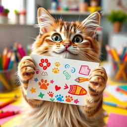 A funny cat holding a colorful drawing in its paws, displaying an excited expression with bright wide eyes and a playful grin