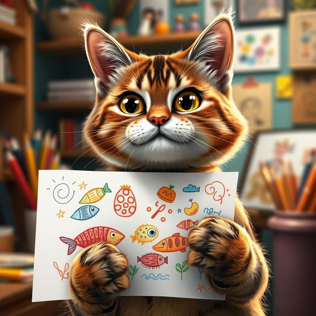 A realistic and funny cat holding a colorful drawing in its paws, with a quirky expression that captures its playful personality