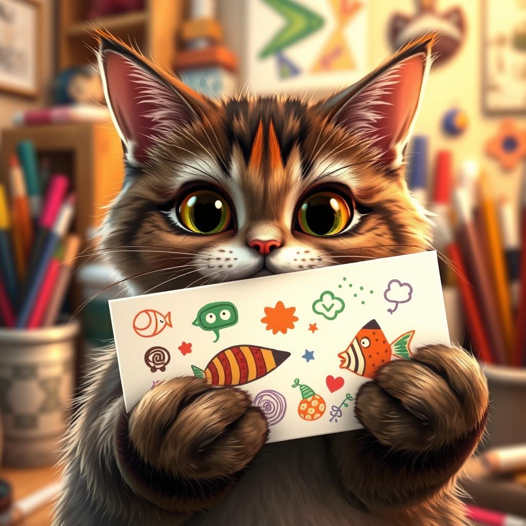 A realistic and funny cat holding a colorful drawing in its paws, with a quirky expression that captures its playful personality