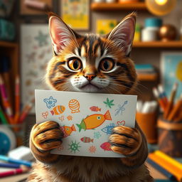 A realistic and funny cat holding a colorful drawing in its paws, with a quirky expression that captures its playful personality