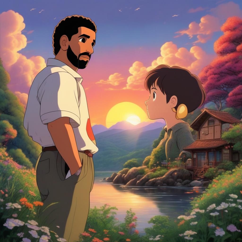 Drake depicted in Studio Ghibli animation style in a 90s retro scene with a beautiful sunset landscape.