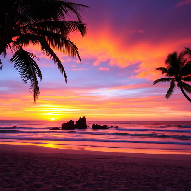 A breathtaking sunset at Nihiwatu Beach, showcasing vibrant hues of orange, pink, and purple lighting up the sky