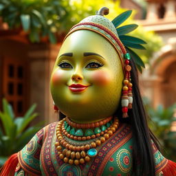 A realistic avocado character, embodying feminine traits and dressed in traditional female Aztec clothing