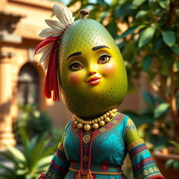 A realistic avocado character, embodying feminine traits and dressed in traditional female Aztec clothing