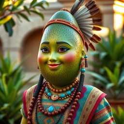 A realistic avocado character, embodying feminine traits and dressed in traditional female Aztec clothing