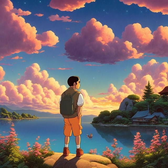 Drake depicted in Studio Ghibli animation style in a 90s retro scene with a beautiful sunset landscape.