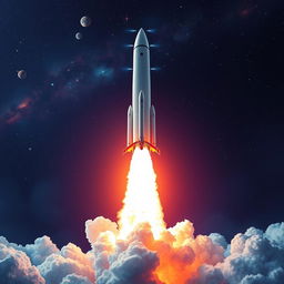 A stunning digital art poster showcasing a rocket launch into space, with vivid colors and dramatic lighting