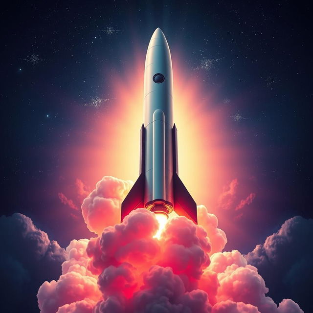 A stunning digital art poster showcasing a rocket launch into space, with vivid colors and dramatic lighting