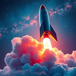 A stunning digital art poster showcasing a rocket launch into space, with vivid colors and dramatic lighting