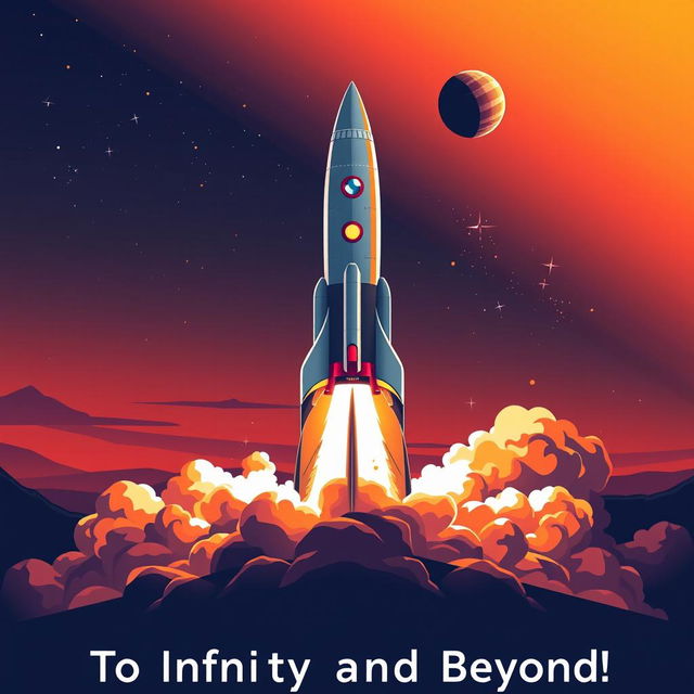 A vibrant digital art poster depicting an exciting rocket launch into space