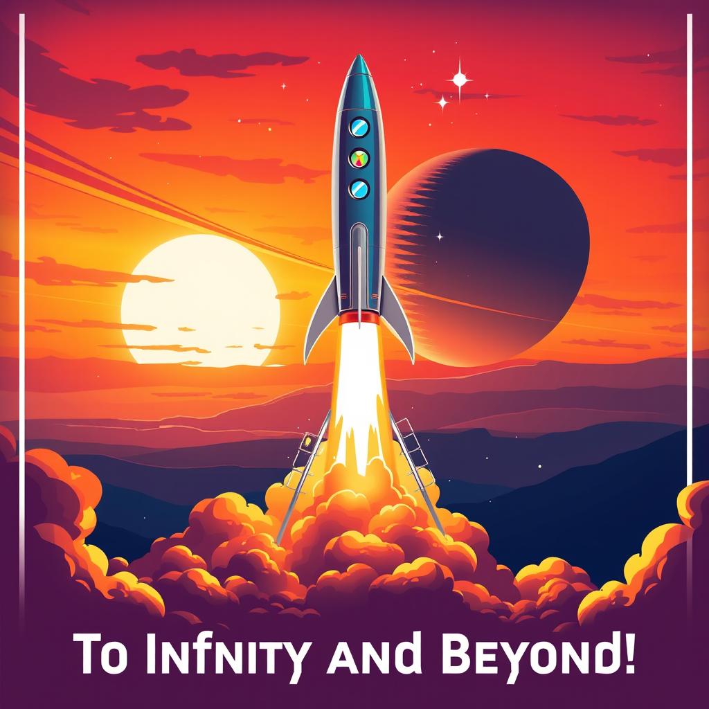 A vibrant digital art poster depicting an exciting rocket launch into space