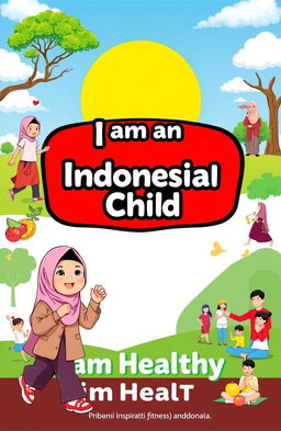 A vibrant and colorful cover design showcasing the theme 'I am an Indonesian Child' with the sub-theme 'I am Healthy'