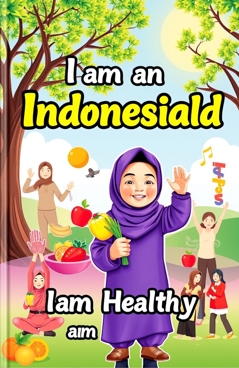 A vibrant and colorful cover design showcasing the theme 'I am an Indonesian Child' with the sub-theme 'I am Healthy'