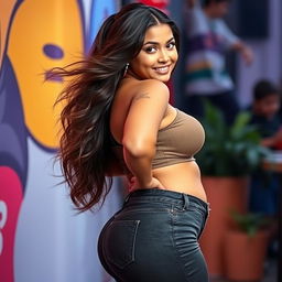 A 20-year-old woman with an hourglass figure and curves, showcasing her voluptuousness, standing confidently