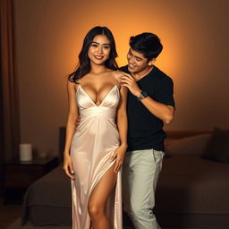 A sexy Thai woman with large breasts, wearing a revealing nightgown that showcases her long white legs