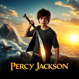 A cinematic poster for a movie adaptation of 'Percy Jackson', featuring a heroic teenage boy with messy dark hair, carrying a glowing sword and standing confidently on a rocky cliff by the ocean
