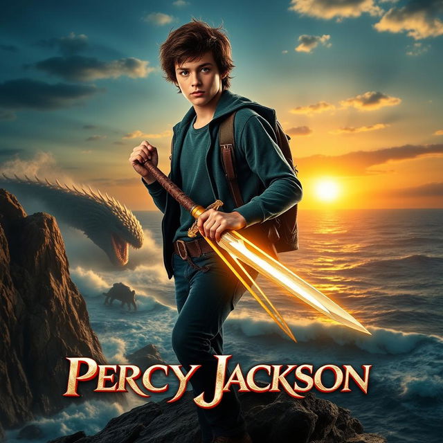 A cinematic poster for a movie adaptation of 'Percy Jackson', featuring a heroic teenage boy with messy dark hair, carrying a glowing sword and standing confidently on a rocky cliff by the ocean