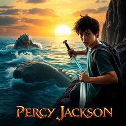 A cinematic poster for a movie adaptation of 'Percy Jackson', featuring a heroic teenage boy with messy dark hair, carrying a glowing sword and standing confidently on a rocky cliff by the ocean