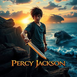 A cinematic poster for a movie adaptation of 'Percy Jackson', featuring a heroic teenage boy with messy dark hair, carrying a glowing sword and standing confidently on a rocky cliff by the ocean