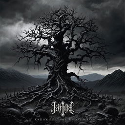 A black metal album cover featuring a gnarled black tree in a desolate landscape under a stormy sky