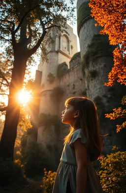 A young girl standing in a lush forest gazing at tall, majestic stone walls, bathed in the warm golden light of a sunset