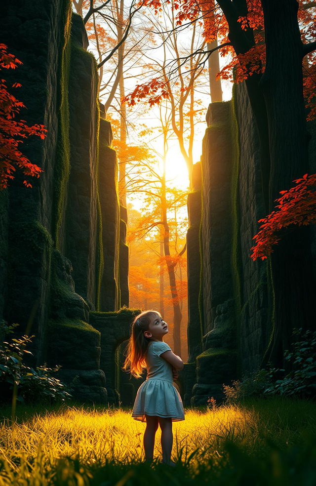 A young girl standing in a lush forest gazing at tall, majestic stone walls, bathed in the warm golden light of a sunset