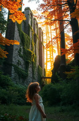 A young girl standing in a lush forest gazing at tall, majestic stone walls, bathed in the warm golden light of a sunset