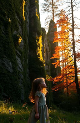 A young girl standing in a lush forest gazing at tall, majestic stone walls, bathed in the warm golden light of a sunset