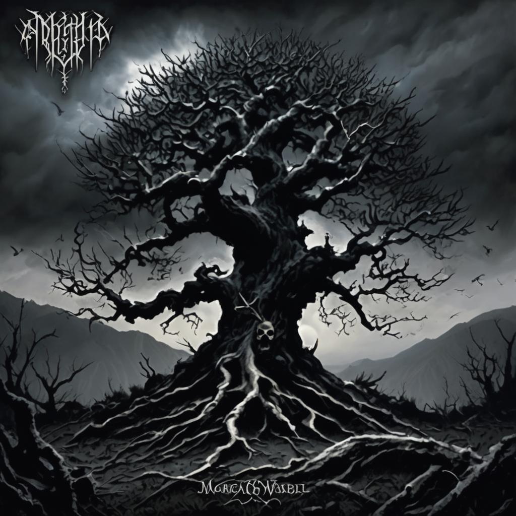 A black metal album cover featuring a gnarled black tree in a desolate landscape under a stormy sky