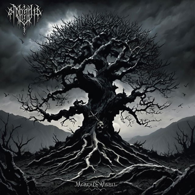 A black metal album cover featuring a gnarled black tree in a desolate landscape under a stormy sky