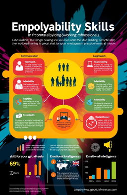 A vibrant infographic displaying the employability skills and competencies of working professionals, highlighting key areas such as communication, teamwork, problem-solving, adaptability, digital literacy, and emotional intelligence