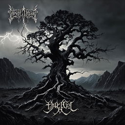 A black metal album cover featuring a gnarled black tree in a desolate landscape under a stormy sky