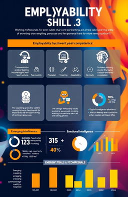 A vibrant infographic displaying the employability skills and competencies of working professionals, highlighting key areas such as communication, teamwork, problem-solving, adaptability, digital literacy, and emotional intelligence