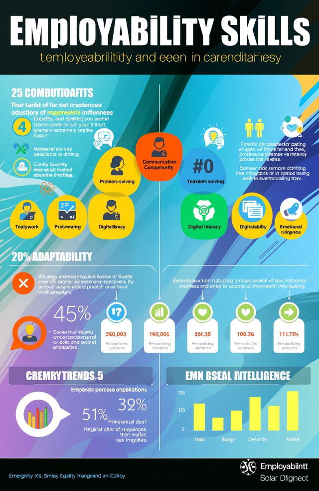 A vibrant infographic displaying the employability skills and competencies of working professionals, highlighting key areas such as communication, teamwork, problem-solving, adaptability, digital literacy, and emotional intelligence