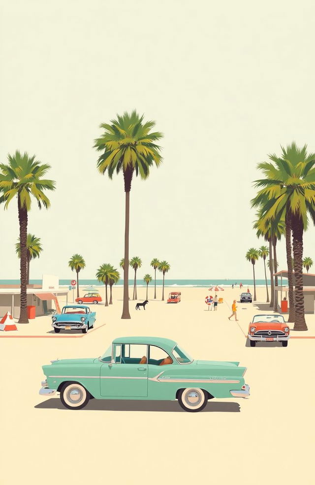 A simple and minimalistic representation of California in the 1960s, featuring iconic elements such as palm trees, vintage cars, and beach scenes