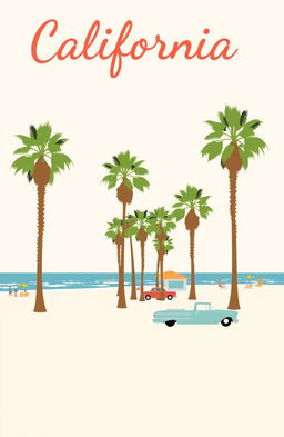 A simple and minimalistic representation of California in the 1960s, featuring iconic elements such as palm trees, vintage cars, and beach scenes