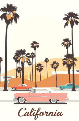 A simple and minimalistic representation of California in the 1960s, featuring iconic elements such as palm trees, vintage cars, and beach scenes