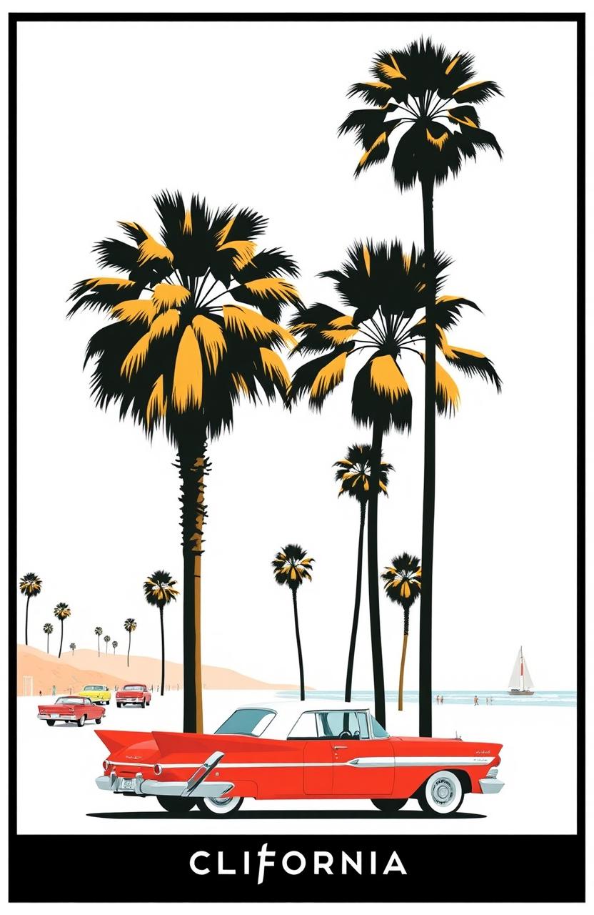 A simple and minimalistic representation of California in the 1960s, featuring iconic elements such as palm trees, vintage cars, and beach scenes