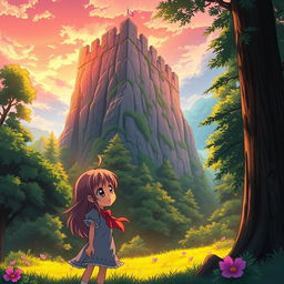 An anime-style depiction of a young girl standing in a lush, vibrant forest, looking up at towering, high stone walls that are surrounded by tall trees