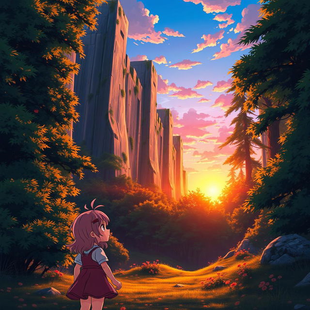 An anime-style depiction of a young girl standing in a lush, vibrant forest, looking up at towering, high stone walls that are surrounded by tall trees